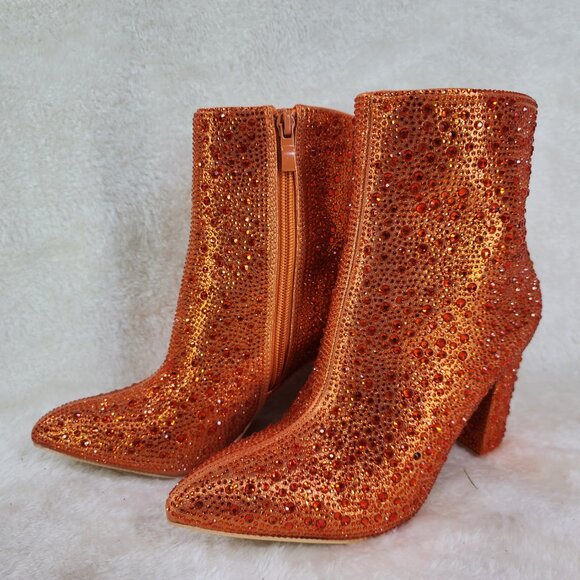 RESTOCKED! Metallic Orange Rhinestone Ankle Boots with 3" Block Heel - Picture 6 of 8